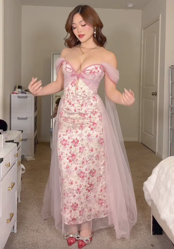 Cute Pink Print Floral A Line Satin Tulle Prom Dress 16th Birthday Dress Wedding Guest Dress HZ1023